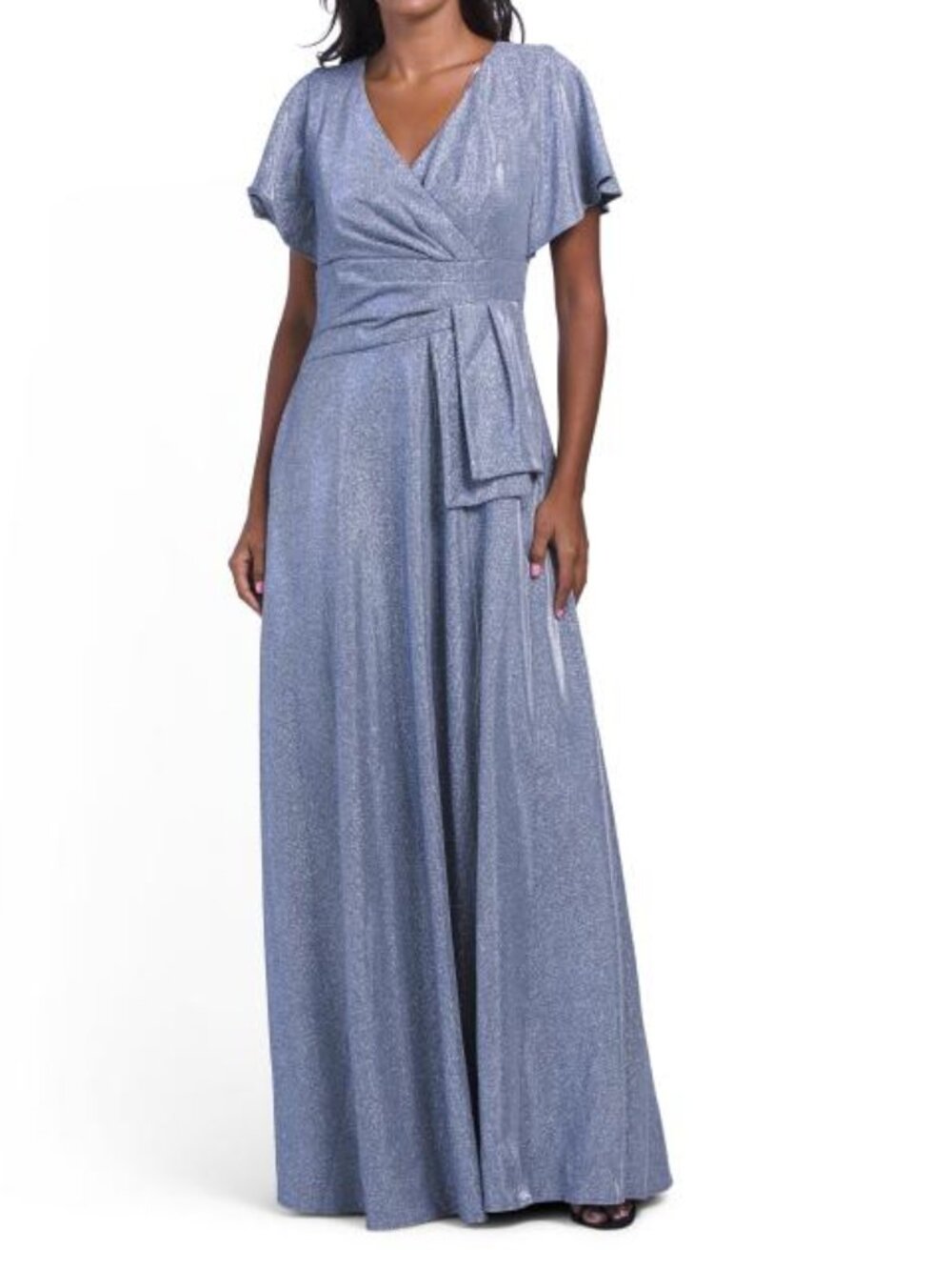 ALEX EVENINGS Long A-line Metallic Knit Dress With Surplice Neckline